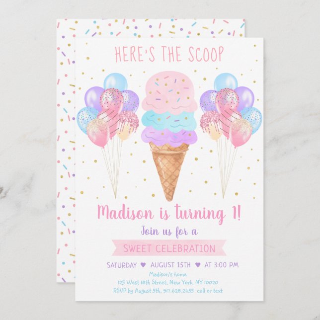 Ice Cream Pastel Here's The Scoop Birthday Invitation (Front/Back)