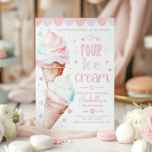 Ice cream pastel pink 4th Birthday  Invitation