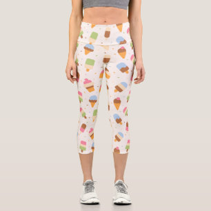 Ice Cream Pattern, Ice Cream Cone, Ice Popsicle Capri Leggings