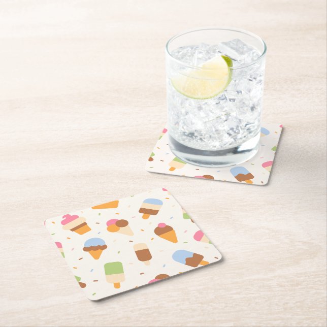 Ice Cream Pattern, Ice Cream Cone, Ice Popsicle Square Paper Coaster (Insitu)