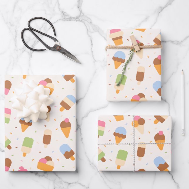 Ice Cream Pattern, Ice Cream Cone, Ice Popsicle Wrapping Paper Sheet (Front)