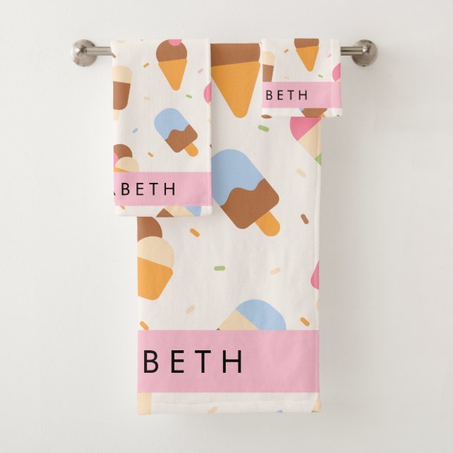 Ice Cream Pattern, Ice Cream Cone, Your Name Bath Towel Set (Insitu)