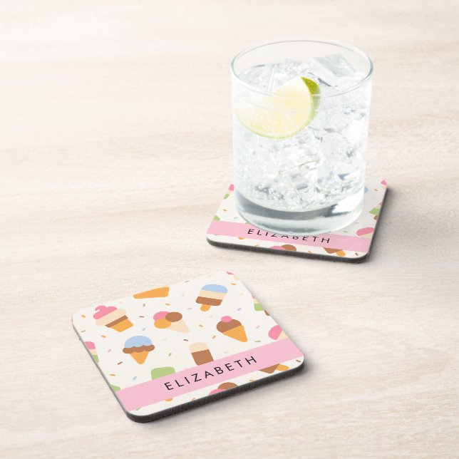 Ice Cream Pattern, Ice Cream Cone, Your Name Coaster (Right Side)