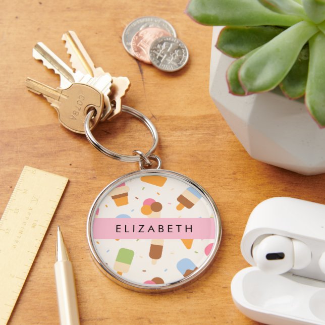 Ice Cream Pattern, Ice Cream Cone, Your Name Key Ring (Desk)