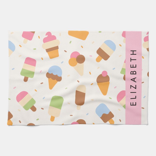 Ice Cream Pattern, Ice Cream Cone, Your Name Tea Towel (Horizontal)