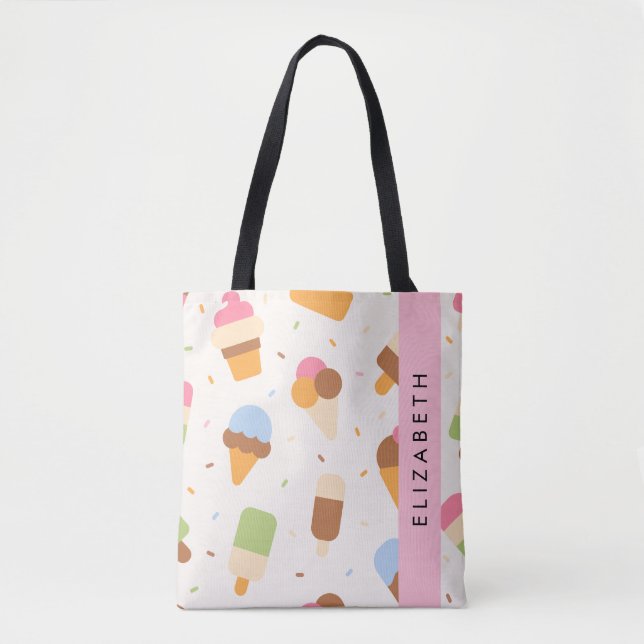 Ice Cream Pattern, Ice Cream Cone, Your Name Tote Bag (Front)