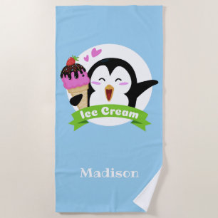Ice Cream Penguin custom name & colour beach towel