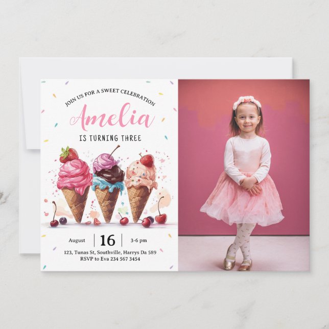 Ice Cream Photo Birthday Party Invitation (Front)