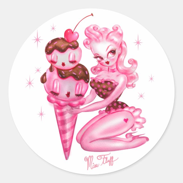 Ice Cream Pin Up Doll -Cherry Chocolate Sauce Classic Round Sticker (Front)