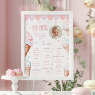 Ice cream pink 1st birthday party photo milestone poster
