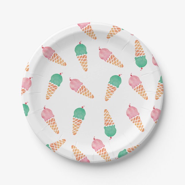 Ice cream pink and mint watercolour party plates (Front)