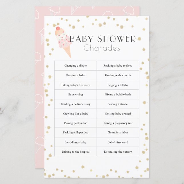 Ice Cream Pink Baby Shower Charades (Front/Back)