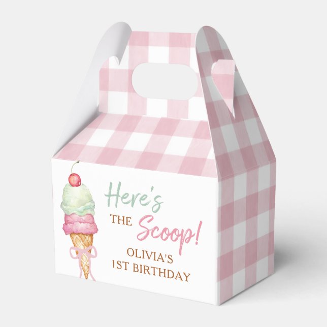 Ice Cream Pink Bow Gingham Birthday Party Favour Box (Front Side)