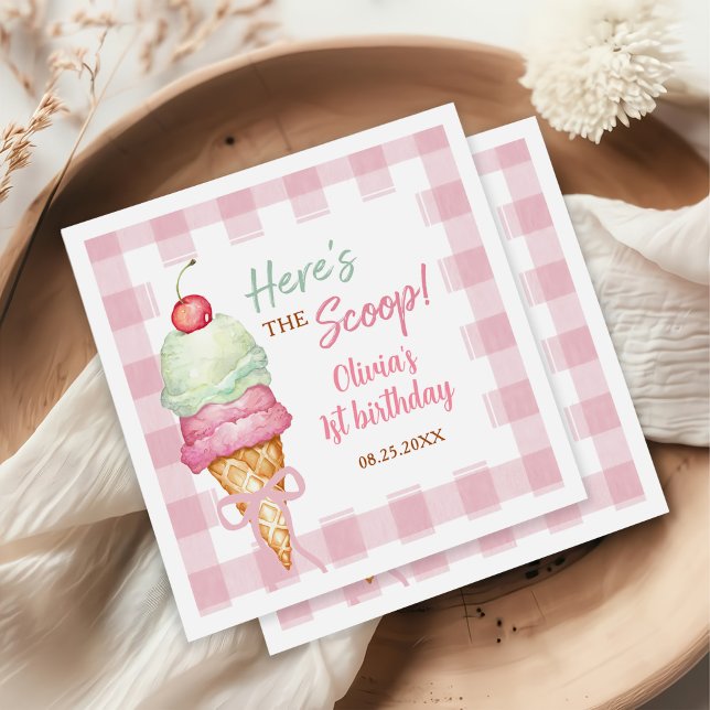Ice Cream Pink Bow Gingham Birthday Party Napkin (Creator Uploaded)