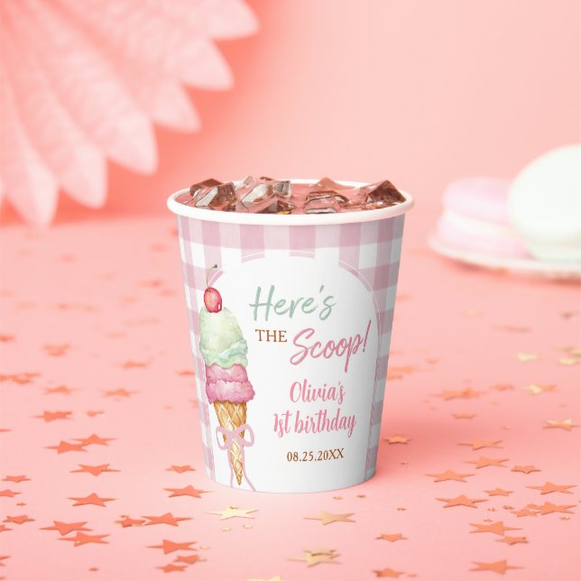 Ice Cream Pink Bow Gingham Birthday Party Paper Cups (Insitu)