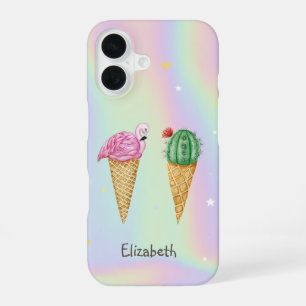 Ice cream Pink Flamingos Cactus Holographic iPhone 16 Case