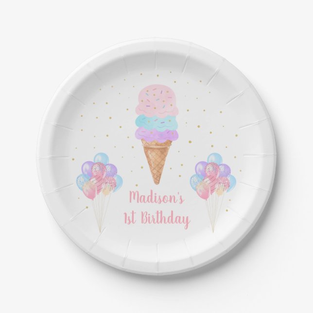 Ice Cream Pink Gold Pastel Birthday Paper Plate (Front)