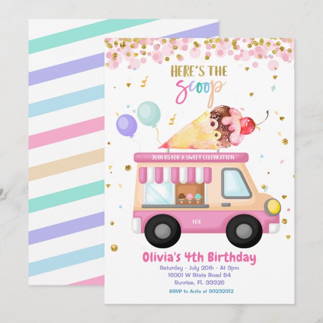 Ice Cream Pink Truck Sweet Time Birthday  Invitation (Front/Back)