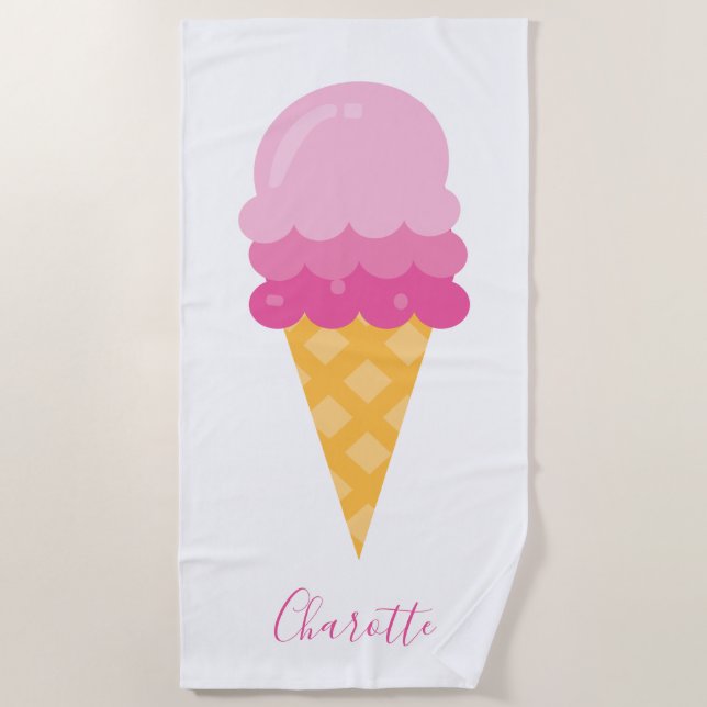 Ice cream pink white monogram script beach towel (Front)