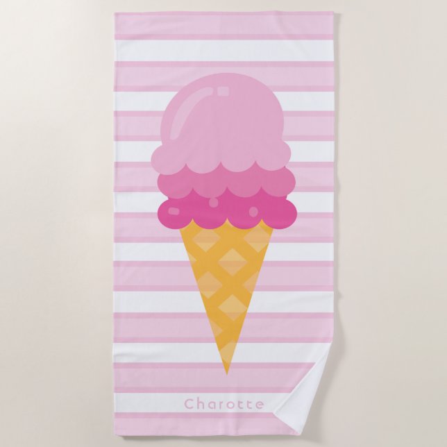 Ice cream pink white stripes monogram beach towel (Front)