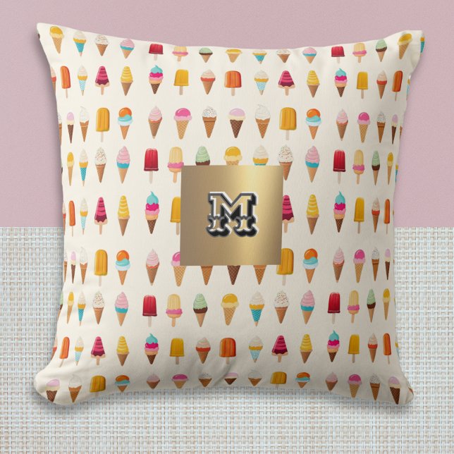 Ice Cream Popsicle Pattern Colourful Monogrammed Cushion (A cute monogrammed throw pillow, with colorful pattern of ice cream cones and ice lollies)