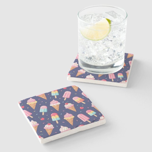Ice cream, popsicles and cherries pattern stone coaster (Side)