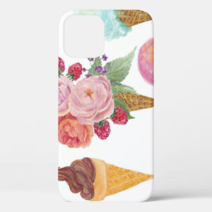 Ice-cream, raspberries: watercolor pattern. iPhone 12 case