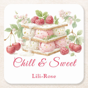 Ice Cream Sandwich Day Watercolor Square Paper Coaster