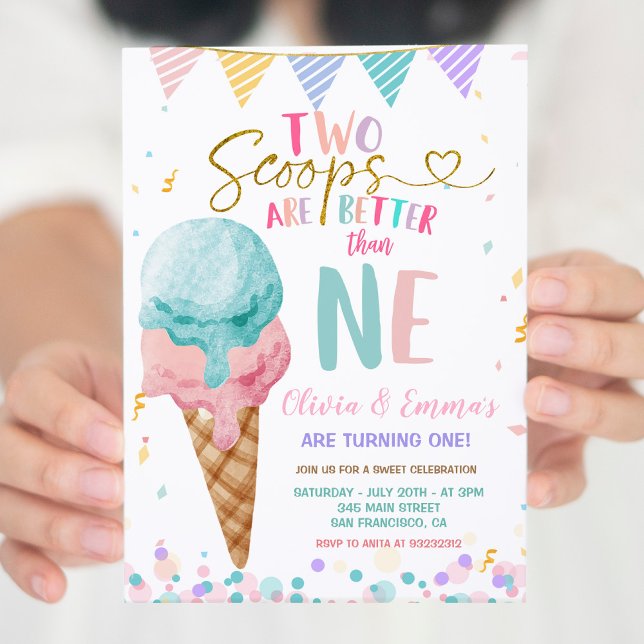Ice Cream Scoop Twin Girls Birthday Party  Invitation (Creator Uploaded)