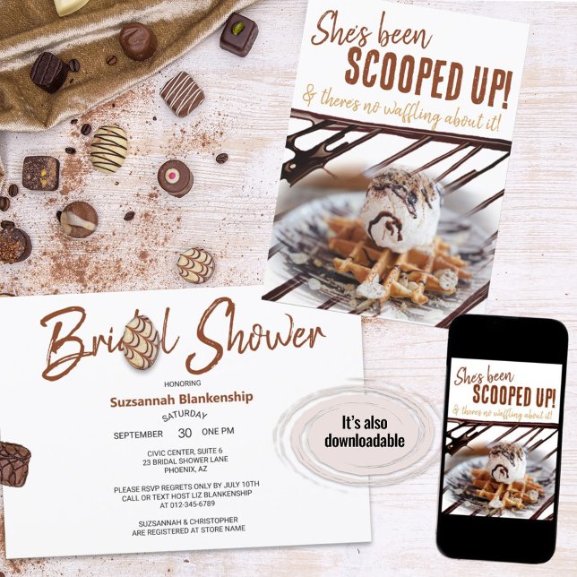 Ice Cream Scoop Waffle Chocolate Drizzle Invitation (A fun ice cream waffle bridal shower design ready for your personalization. )