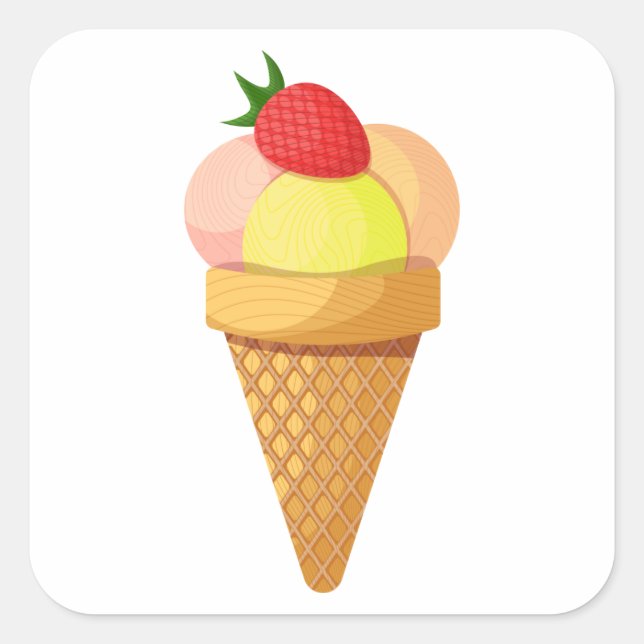Ice cream scoops and strawberry in waffle cone square sticker (Front)
