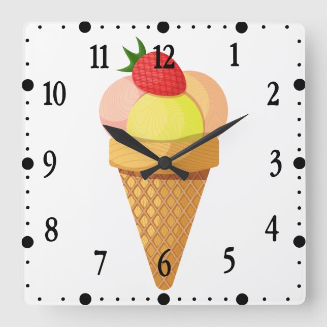 Ice cream scoops and strawberry in waffle cone square wall clock (Front)