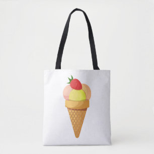 Ice cream scoops and strawberry in waffle cone tote bag