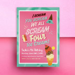 Ice Cream Scoops Kids 4th Birthday Party Invites<br><div class="desc">I Scream,  You Scream,  We All Scream FOUR Ice Cream. Customisable Ice cream themed birthday party invitations for girl or boy turning four. Pastel colours and smiling ice cream for cool,  fun celebration. Green with abstract cone graphic on back.</div>