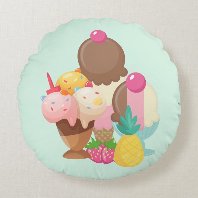 Ice Cream Scoops with Sprinkles Round Cushion (Front)
