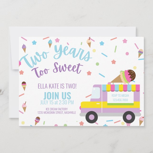 Ice Cream Second Birthday Baby Girl Boy Invitation (Front)
