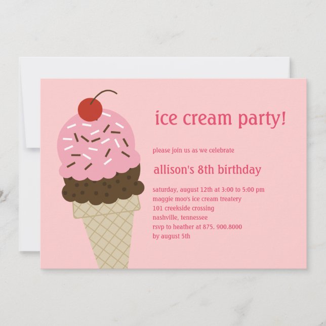Ice Cream Shoppe Birthday Invitation - Pink (Front)