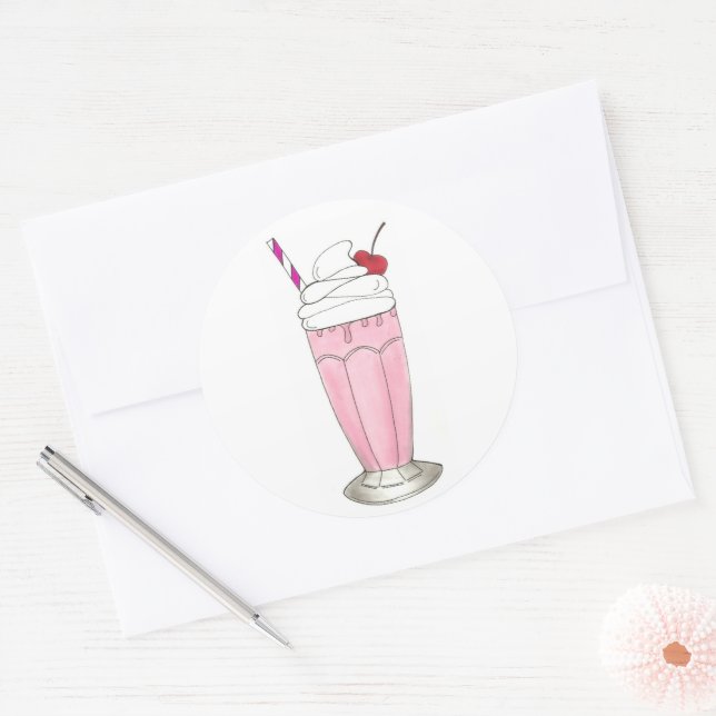 Ice Cream Shoppe Strawberry Pink Milkshake Foodie Classic Round Sticker (Envelope)