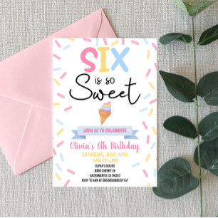 Ice Cream Six Is So Sweet 6th Sixth Birthday Party Invitation