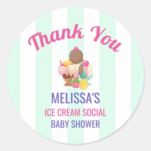 Ice Cream Social Baby Shower Event Thank You Classic Round Sticker (Front)