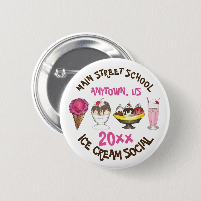 Ice Cream Social Favour Banana Split Sundae Cone 6 Cm Round Badge (Front & Back)