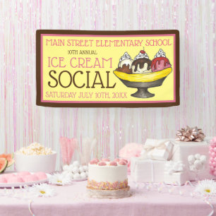 Ice Cream Social Party Dessert Banana Split Sundae Banner