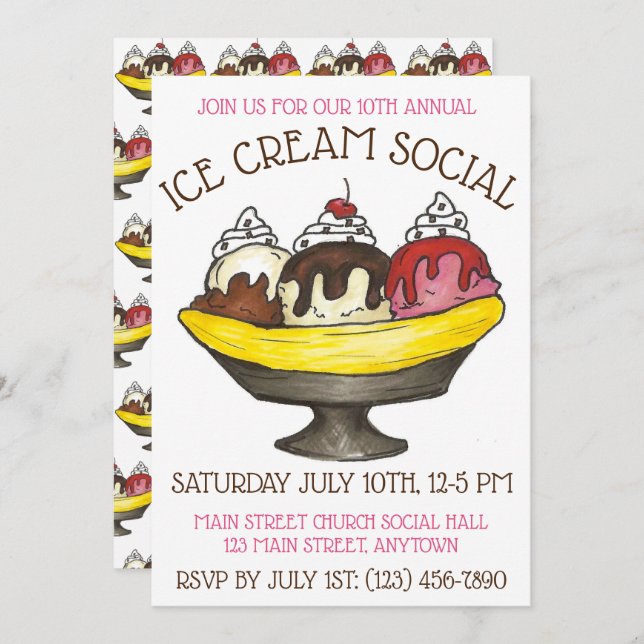 Ice Cream Social Party Dessert Banana Split Sundae Invitation (Front/Back)