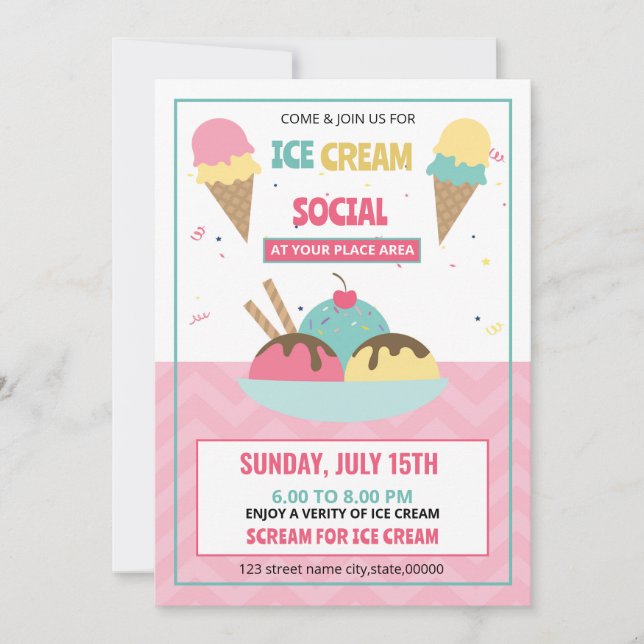 Ice Cream Social Party Invitation Flyer Template (Front)