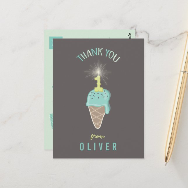 Ice Cream Sparkler Boy's 1st Birthday Thank You Postcard (Front/Back In Situ)