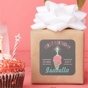 Ice Cream Sparkler Girl's 1st Birthday Party Favou Square Sticker