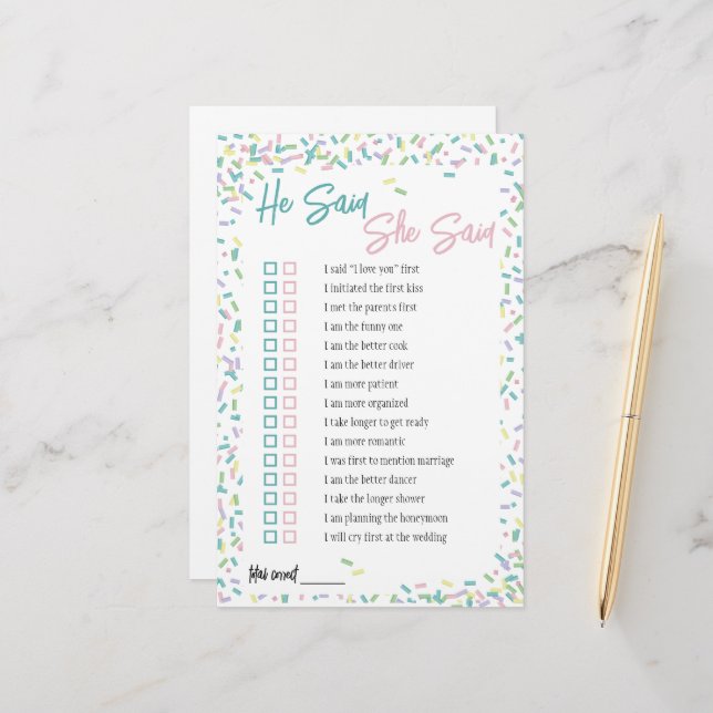 Ice Cream Sprinkles He Said She Said Game Stationery (Front/Back In Situ)