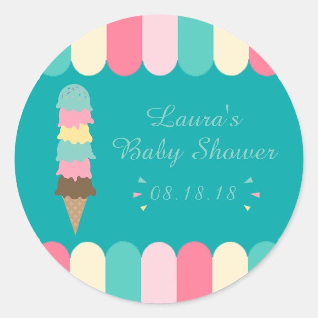 Ice Cream Summer Baby Shower Teal Classic Round Sticker (Front)