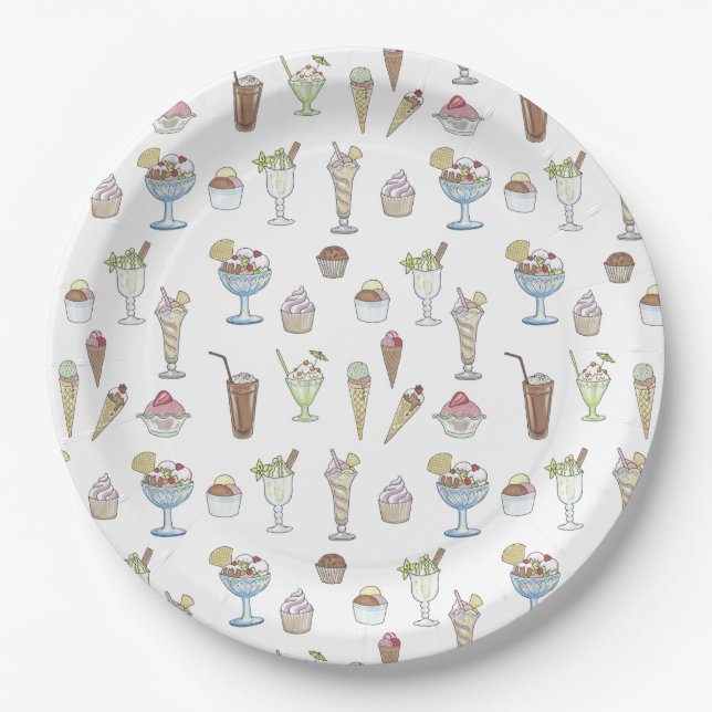 Ice Cream Sundae Illustration Pattern Paper Plate (Front)