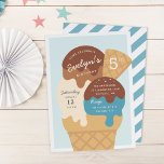 Ice Cream Sundae Kids Birthday Party Invitation<br><div class="desc">Chill out with these cute ice cream themed party invitations for your little one's birthday party. Fun summer design in a soft muted colour palette features scoops of chocolate, vanilla, and blue ice cream in a waffle cone topped with chocolate syrup and sprinkles. Personalise with your party details inscribed on...</div>